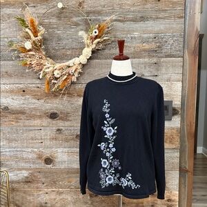 Alfred Dunner Floral Embroidered Black Sweater